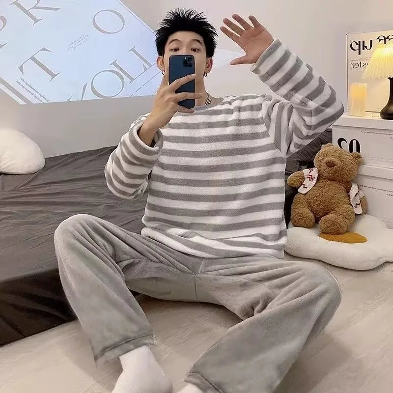 Autumn Winter Oversized Cartoon Print Pajamas for Men Letter Crew Neck New 2025 Men's Pajamas Set Fashion Soft Casual Homewear
