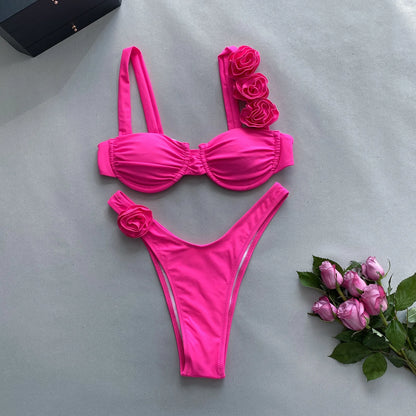 2024 New Bikini Set Womens Steel Plate Solid Color Three-dimensional Flower Split Ladies Swimsuit Women