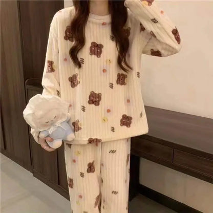 Ruffles Pajamas for Women Autumn Winter Peter Pan Collar Ruffle Sleeve Pajama Top and Elastice Waist Pants 2 Pcs Pajama Sets