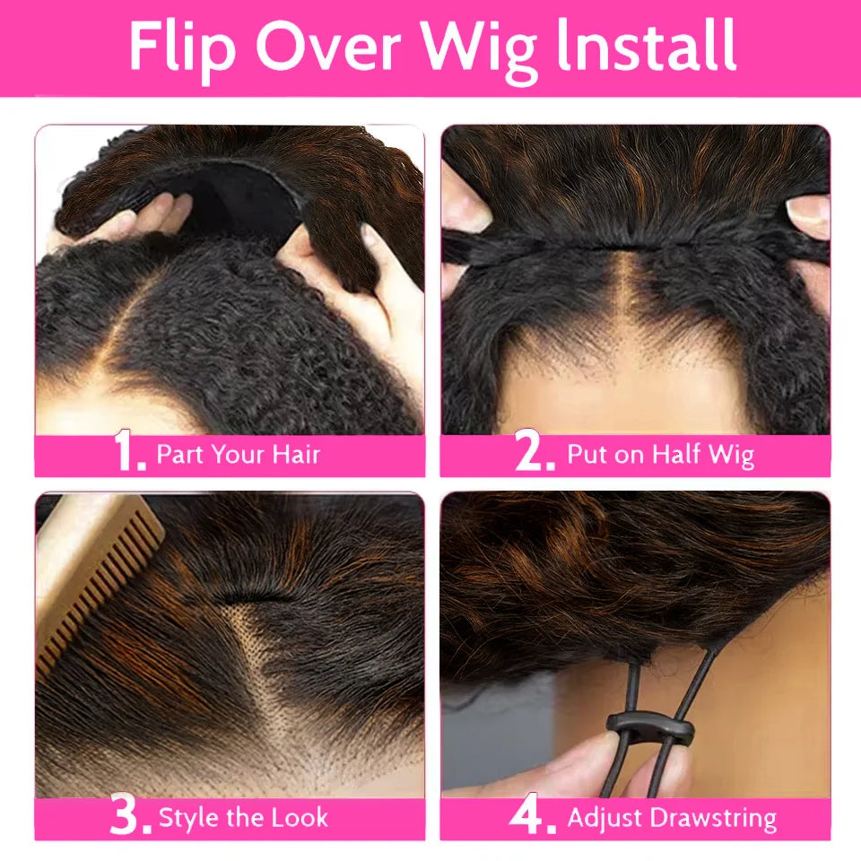 1B/30 highlight 3 In 1 Half Wigs Human Hair Drawstring Burmese 3C 4A Curly Invisible Half Wigs Water Wave Half Wigs Human Hair