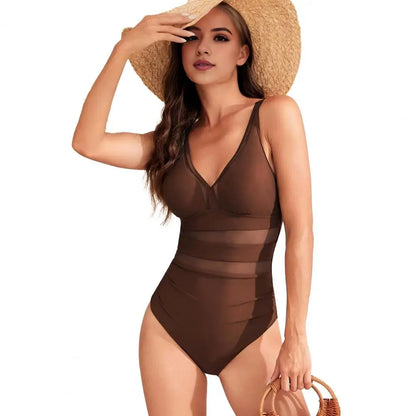 Hollow Mesh Splicing Monokini Swimsuit Stylish Women's Mesh Splicing One-piece Swimsuit Tummy Control V-neck Monokinis Beachwear