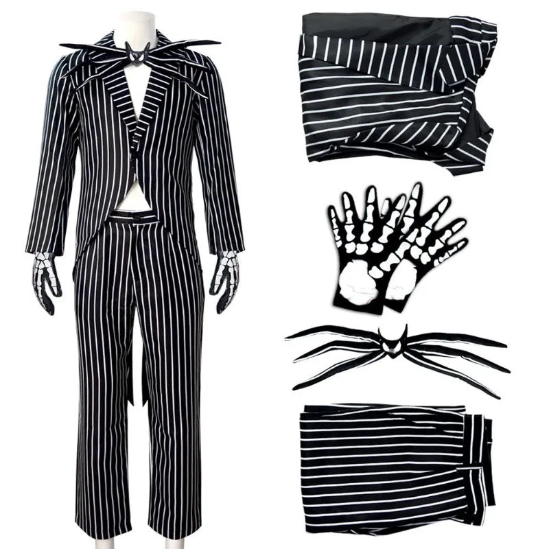 Christmas Eve Costume Jack on Skeleton Men's Women's Full Sally Black and White Stripes Cosplay Halloween