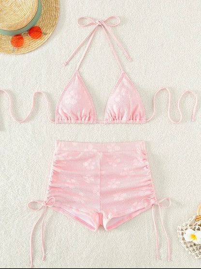 Special Fabric Neck Hanging Sexy Pink Swimsuit 2 Piece Set Halter Bikini Top Knot On The Edge Bikini Bottom 2025 Bathing Suit