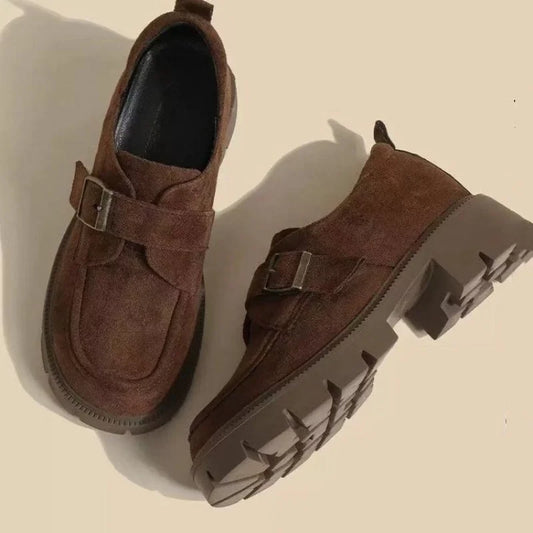 2025 Women's Suede Loafers Round Toe Chunky Sole Buckle Decor Slip-On Casual Shoes Anti-Slip Retro Brown Flats