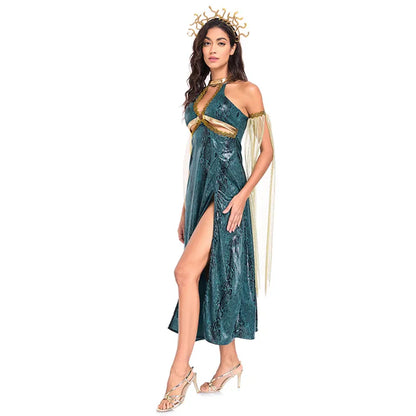 Women Retro Medusa Snake Costume With Headband Sexy Snake Demon Goddess Roleplay Long Slit Dress Halloween Cosplay Party Costume