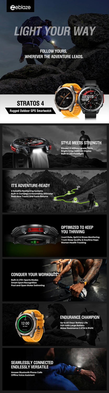 NEW Zeblaze Stratos 4 GPS Smart Watch 1.43 AMOLED Display Built-in Compass Barometric Altimeter Flashlight Voice Call Smartwatch