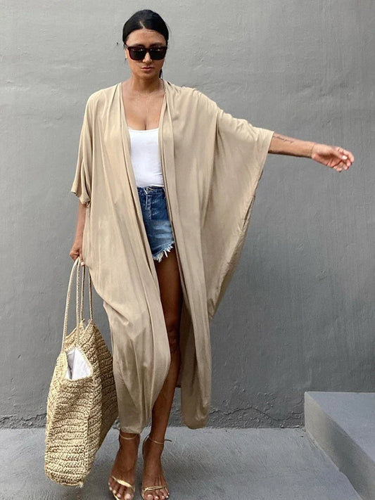New Boho Beach Kimono Swimwear Women Cotton Holiday Summer Women's Tunic Beachwear Outfits Solid Oversize Cover-Ups