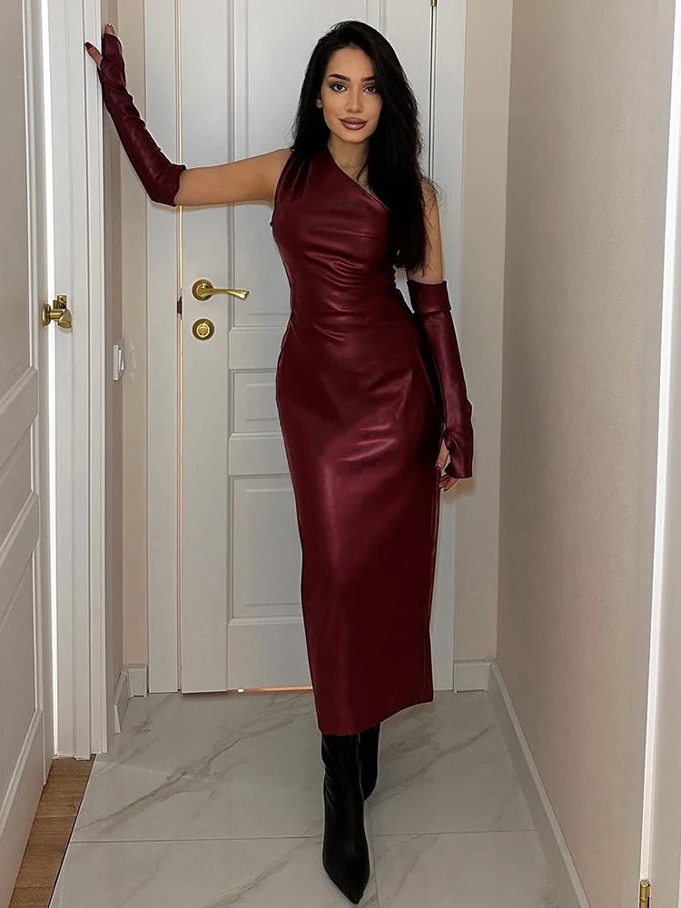 Talenza Off Shoulder Leather Long Dress Women Fashion Skinny Sexy Pleated Party Dress Y2k Strapless PU Leather Patchwork Dress