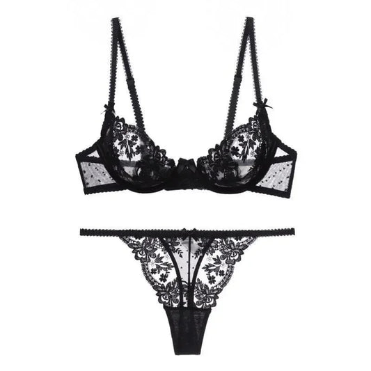 French Sexy Bra & Brief Set Lingerie Ultra-Thin See-Through Sexy Floral Lace Underwire Set Large Breasts Show Small Anti-Sag Bra