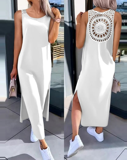 Womens Dresses Summer Fashion Slit Hollow-Out Casual Plain Round Neck Sleeveless Daily Straight Mid-Calf Dress