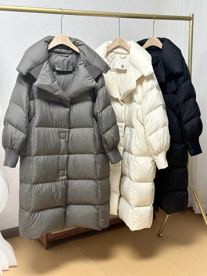 Schinteon Women White Duck Down Long Jacket Autumn Winter Warm Casual Over Size Loose Outwear Soft Comfortable Fashion Coat New