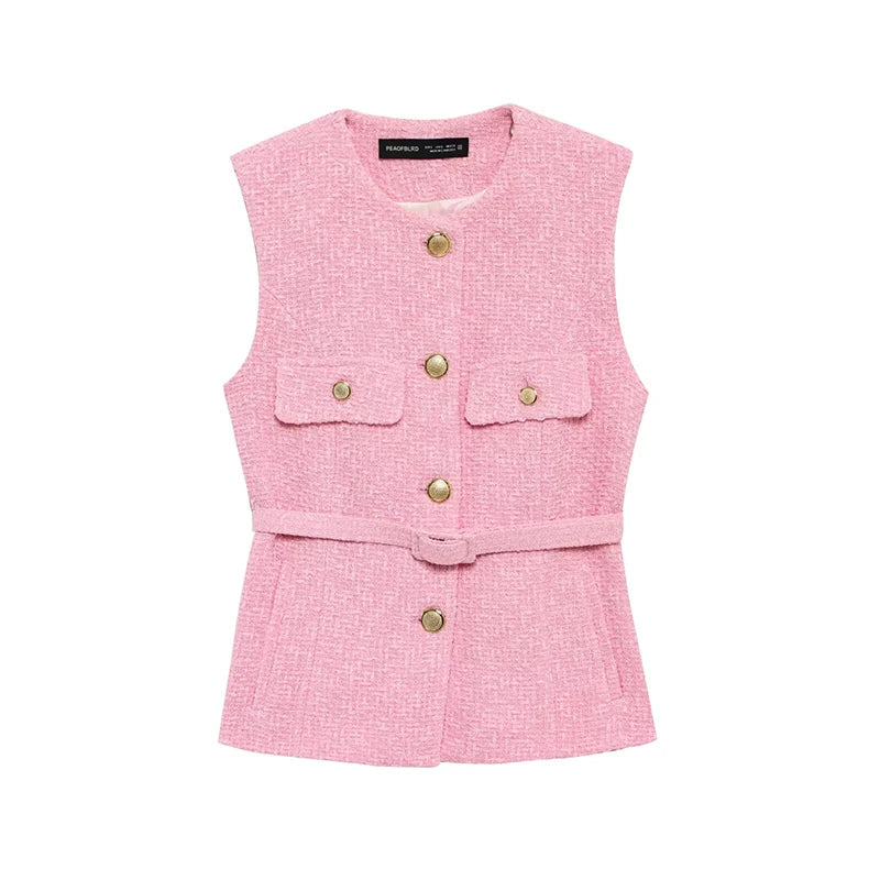 RAFZNB Fashion with Belt Waistcoat for Women Spring O Neck Sleeveless Single Breasted Slim Vest Casual Female Outerwear Chic Top