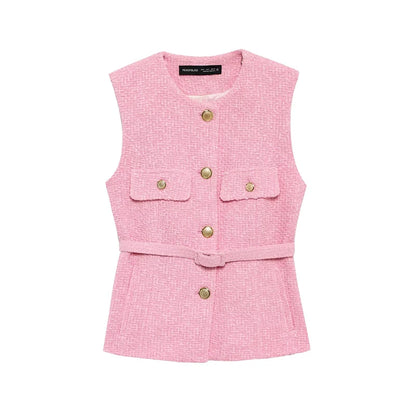 RAFZNB Fashion with Belt Waistcoat for Women Spring O Neck Sleeveless Single Breasted Slim Vest Casual Female Outerwear Chic Top
