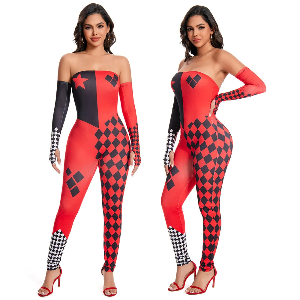 [You're My Secret] Halloween Cosplay Harley Q Clown Costume Sexy Jumpsuit for Women Bodysuit Masquerade Disguise Zentai Outfit