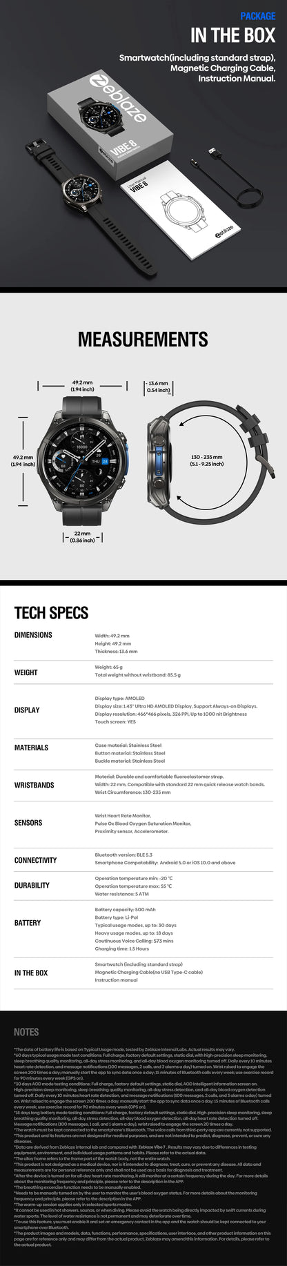 NEW 2025 Zeblaze VIBE 8 Voice Call Smart Watch 1.43" AMOLED Display Heart Rate Blood Pressure Multi-Sport Modes Smart Watch