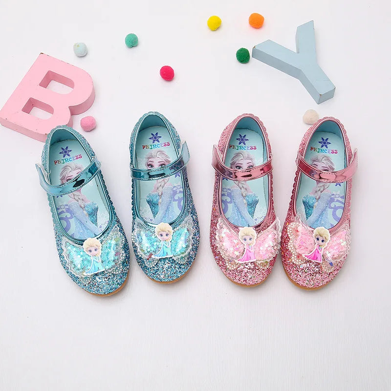 Disney Elsa Frozen Girls Princess Shoes Spring and Autumn Flat Paillette Shoes Children's Soft Sole Baby Casual Shoe Party Shoes