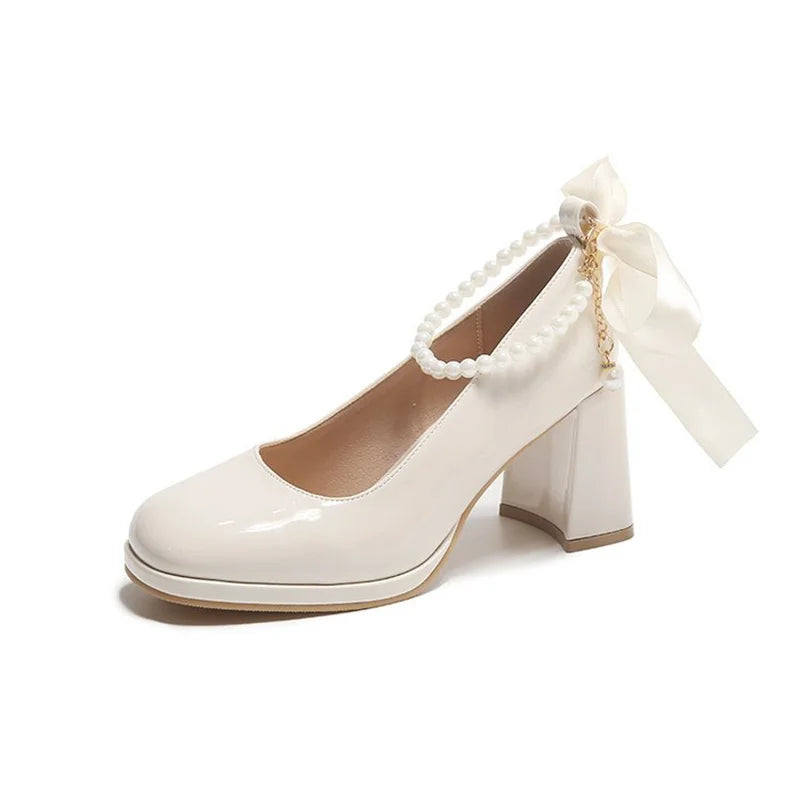 Ladies High Heels Elegant Bow Square Toe Black Fashion Women's Pumps Thick Heel Wedding Party Pearl Lace Wedding Shoes for Women