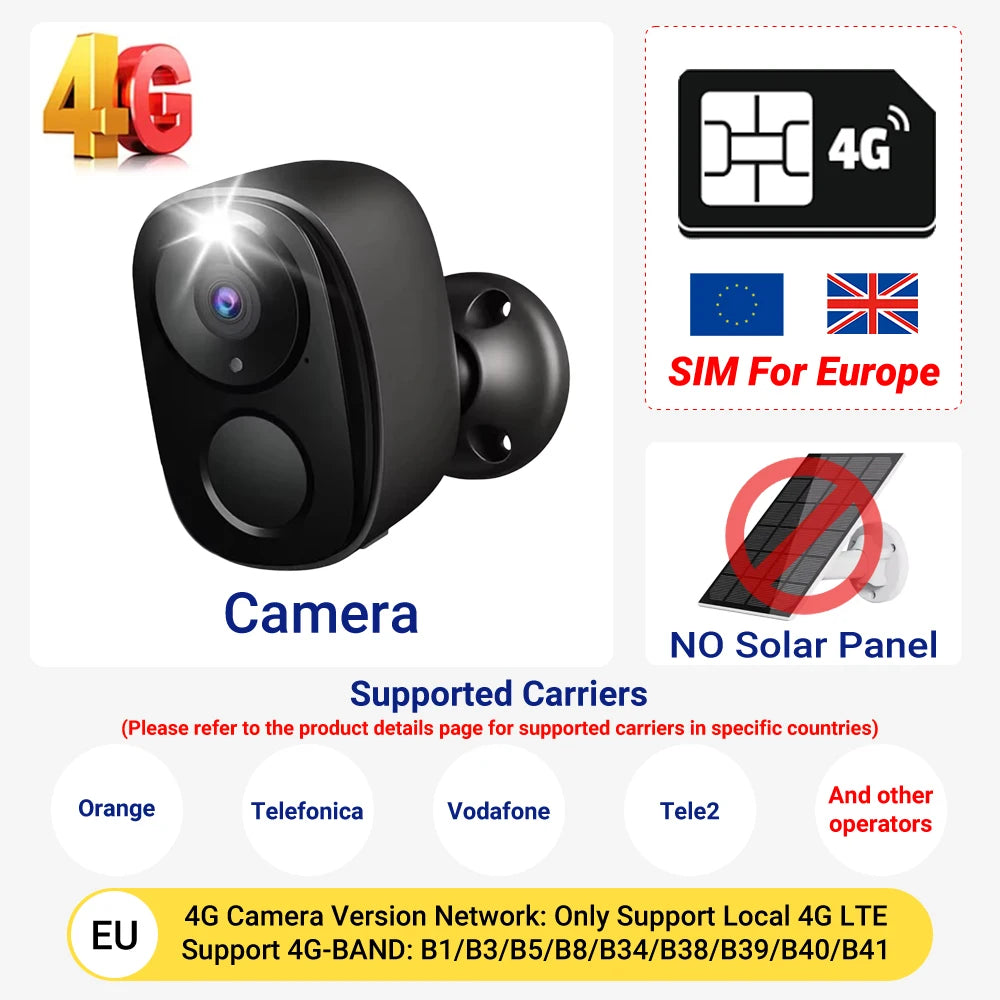 5MP 4G Solar Security Camera 2.4G WiFi Wireless Outdoor Color Night Vision Battery Powered Support PIR Waterproof Two-Way Audio
