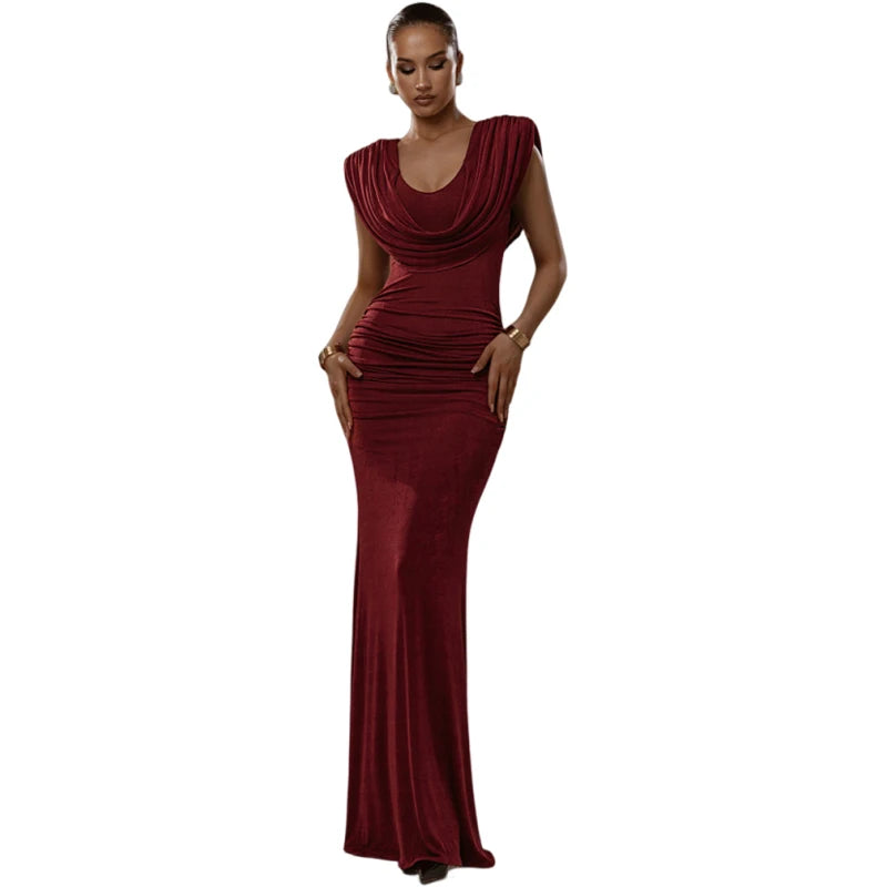 Sisterlinda Ruched Elegant Velvet Dress Women Swing Collar Classic Sexy Fashion Solid Skinny Evening Cocktail Party Long Bodycon
