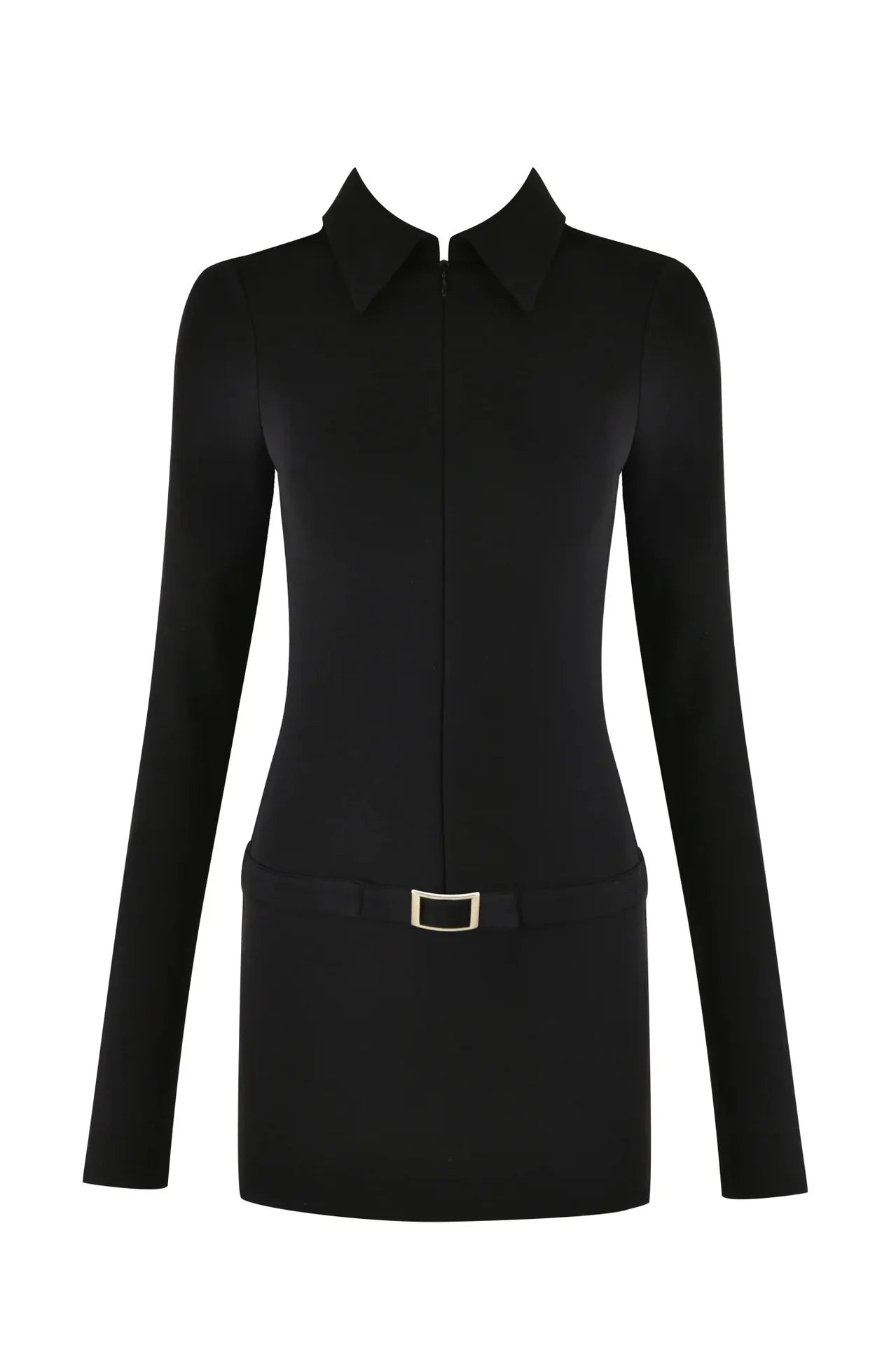 Honey Honey  sexy tight black long-sleeved stretch knit polo neck sheath dress ultra short hip one-step dress