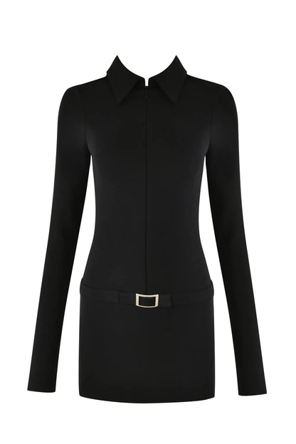 Honey Honey  sexy tight black long-sleeved stretch knit polo neck sheath dress ultra short hip one-step dress