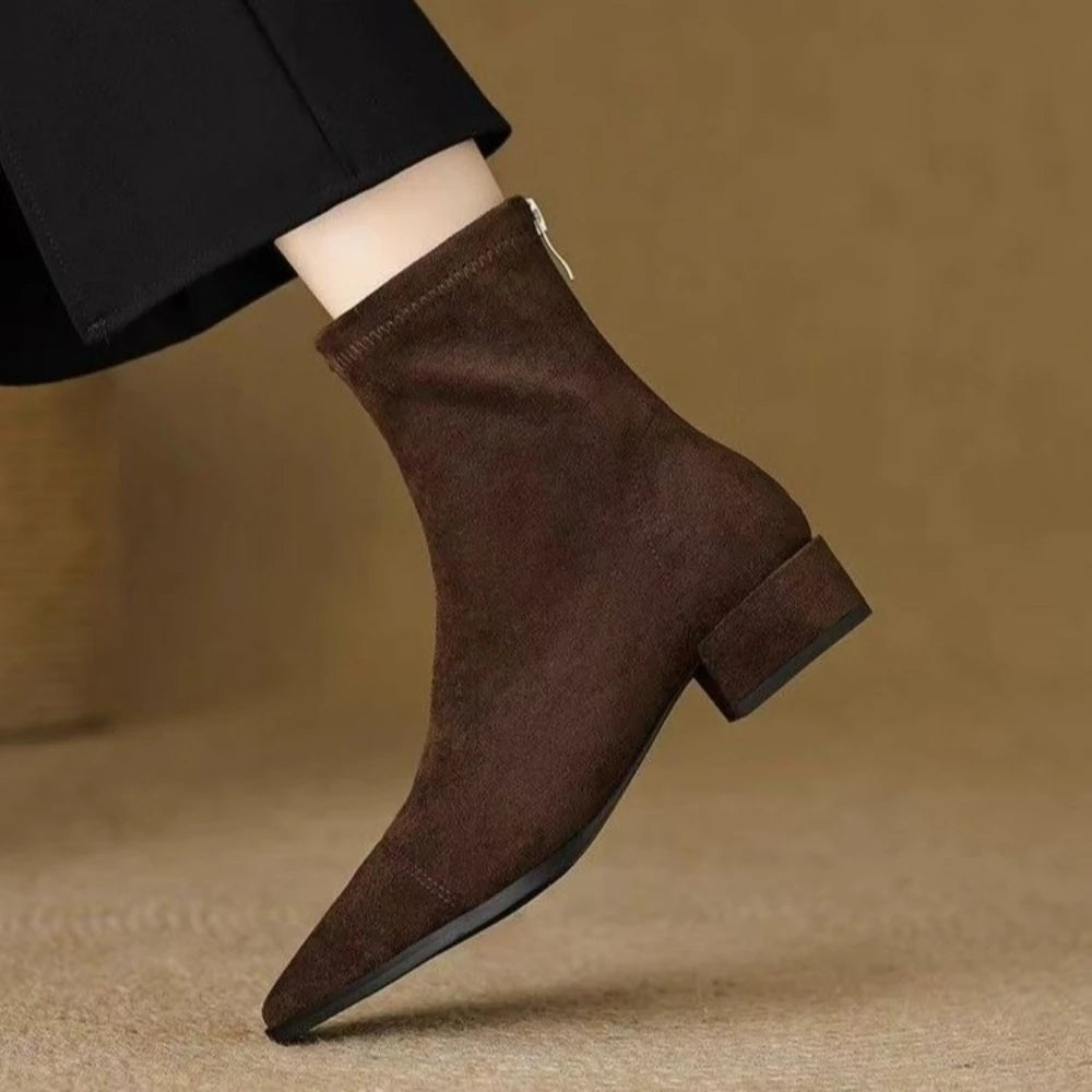 Plus-size Women's Boots 2025 Winter Fashion Pointed-toe Design Short Boots with Zippers on The Back Slim Low-heeled Nude Boots