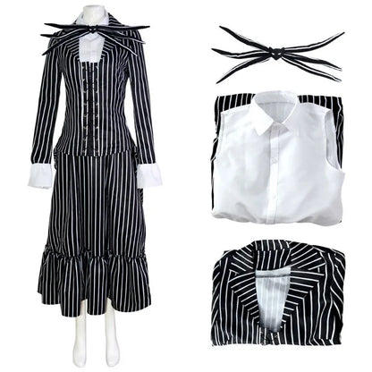 Christmas Eve Costume Jack on Skeleton Men's Women's Full Sally Black and White Stripes Cosplay Halloween