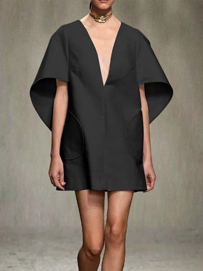 Yeezzi Fashion Black White Color Short Dress For Women 2025 New Spring Deep V-neck Half Sleeves Loose Prom Party Mini Dresses