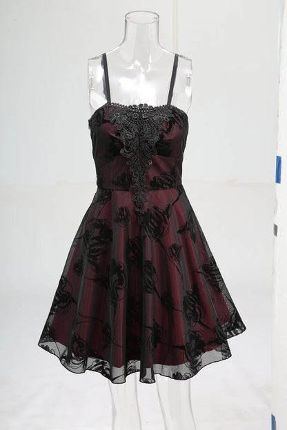 ROSEGAL Women Gothic Dress Vintage Mesh Flocking Applique Layered A Line Cami Dress Sleeveless Punk Goth Party Cocktail Dresses