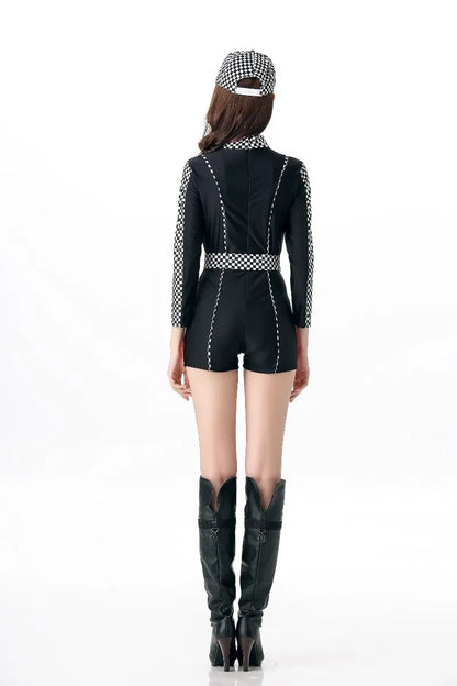 Women Sexy Race Costume Long Sleeves Car Driver Bodysuit with Hat Racing Girl Bodysuit Cosplay Game Uniform