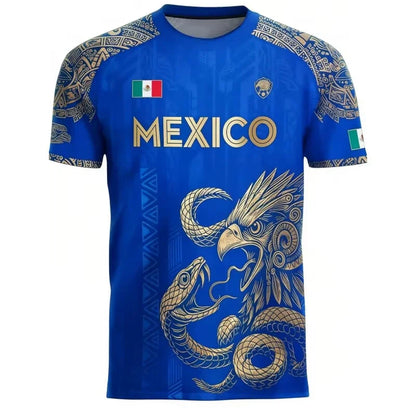 2026 New Summer Mexico Soccer Jersey Men Black Gold Design with Aztec Eagle Snake Print and Mexican Flag for Football Fans