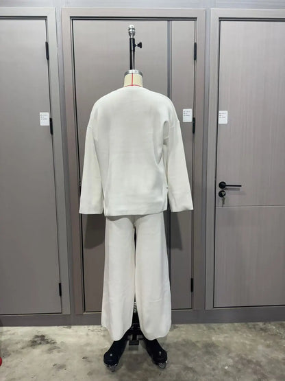 2025 Solid Color Knitted Sweater Two Piece Set Women Fashion Loose O Neck Knitting Pullover Trousers Sets Female Simple Style