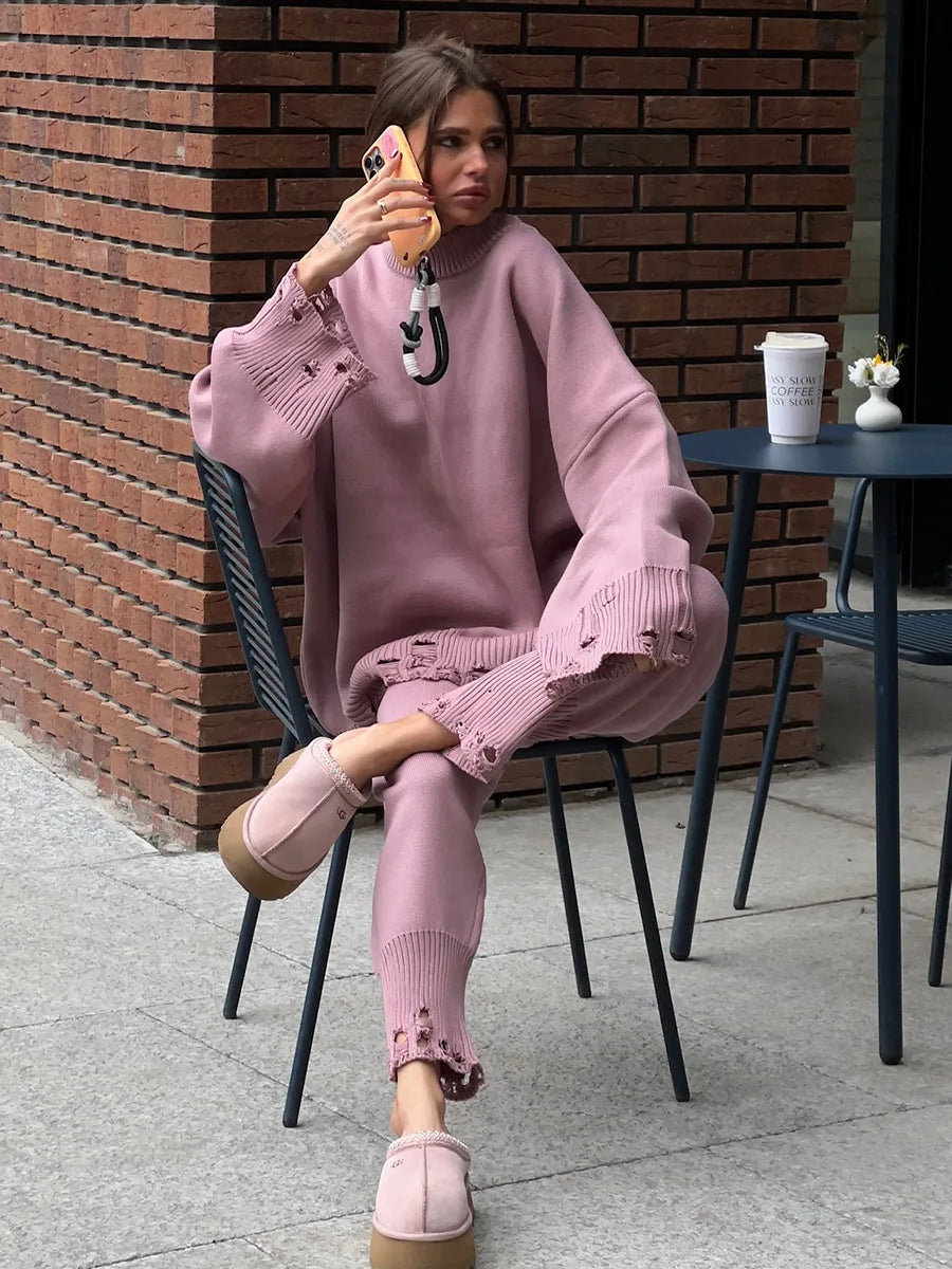 Bornladies Autumn Winter Women's New Turtleneck Knit Sweater Skinny Knit Pants Set Soft Oversized Ripped Hem Fashion Pullover