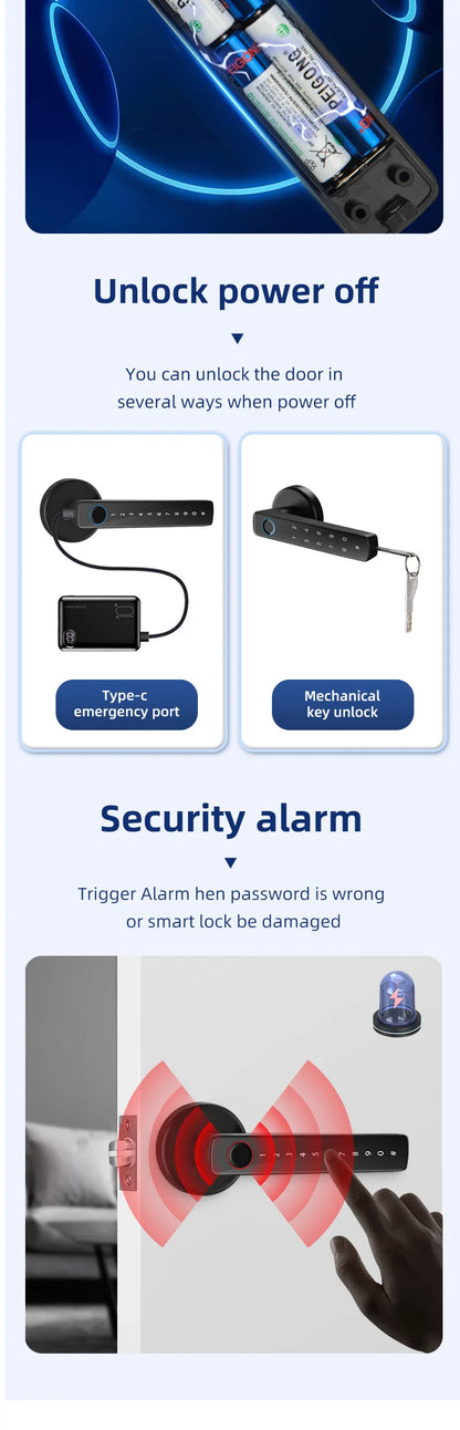 XSDTS M5 Tuya BLE Fingerprint Door Lock Digital Electronic Lock with Password/Key/IC Card/ Smartlife/ Tuya APP Unlock