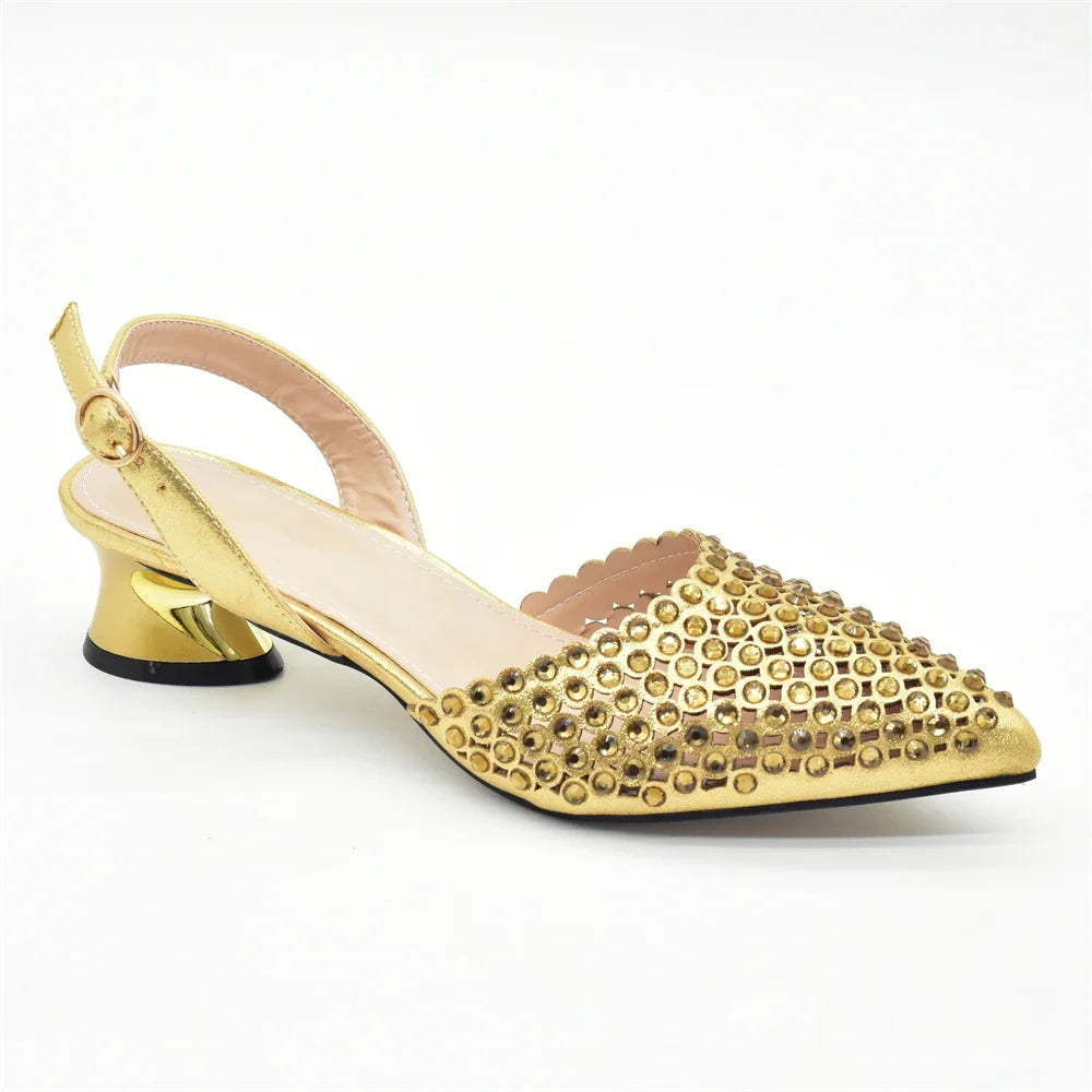New Fashion Gold Color Shoes and Bags To Match Set Nigeria Party Women's Wedding Bag and Shoe Set Decorated with Rhinestone