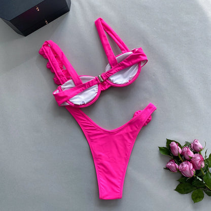 2024 New Bikini Set Womens Steel Plate Solid Color Three-dimensional Flower Split Ladies Swimsuit Women