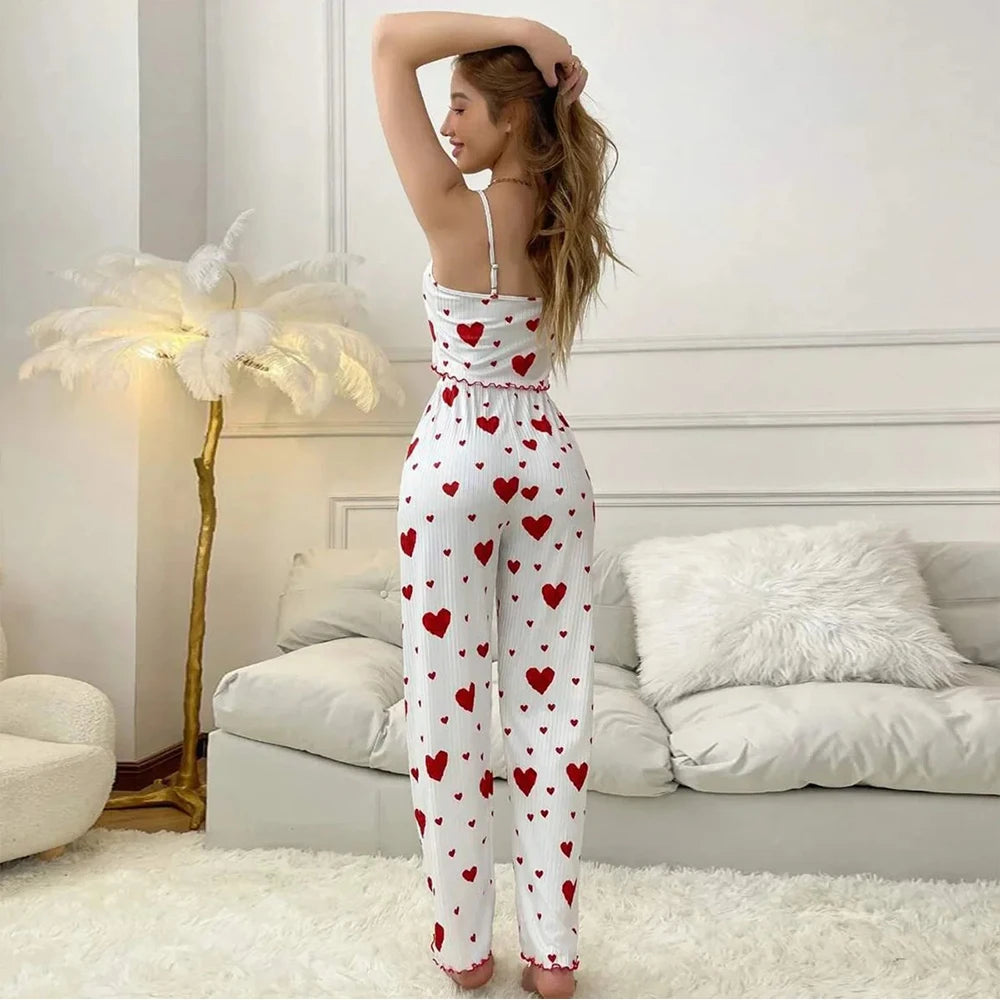 Winter Home Clothes Heart Pattern Strap Vest Women's Sleepwear Two-Piece Set Can Be Worn outside Long Pants warm for Women