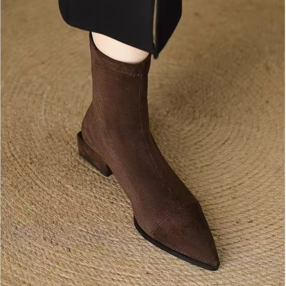 Plus-size Women's Boots 2025 Winter Fashion Pointed-toe Design Short Boots with Zippers on The Back Slim Low-heeled Nude Boots