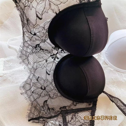 Sexy Lingerie Women Lace Transparent Underwear Embroidery Brief Set Delicate Bra Push Up Lace Gathered Edge Bra and Panty Set