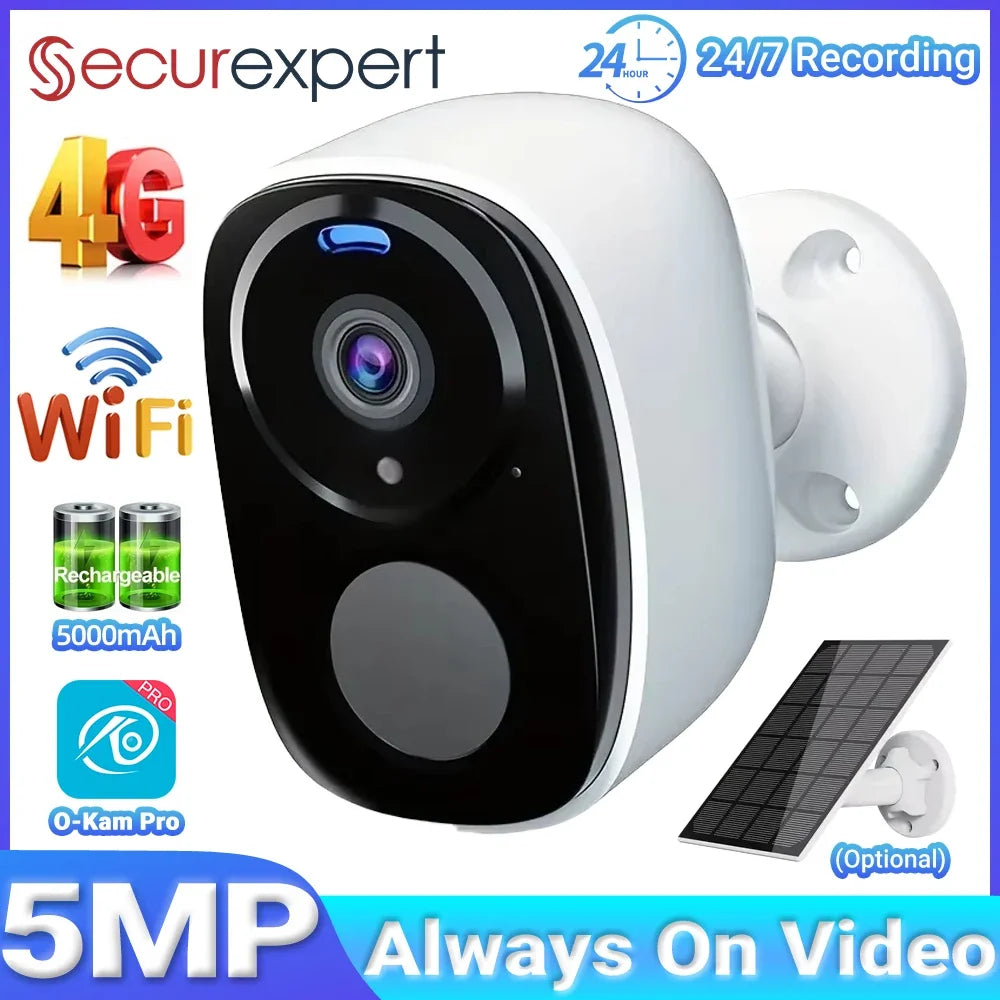 5MP 4G Solar Security Camera 2.4G WiFi Wireless Outdoor Color Night Vision Battery Powered Support PIR Waterproof Two-Way Audio