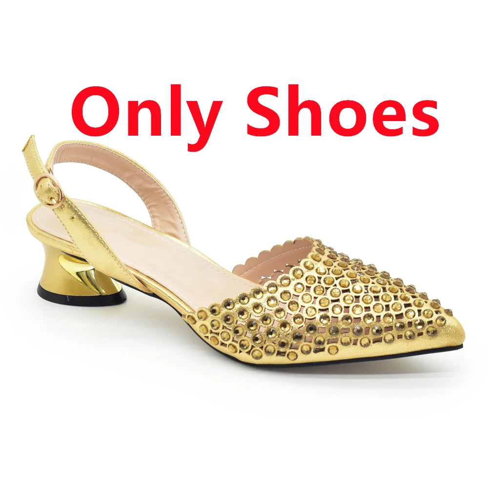 New Fashion Gold Color Shoes and Bags To Match Set Nigeria Party Women's Wedding Bag and Shoe Set Decorated with Rhinestone