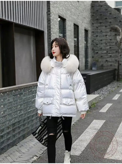 2025 Winter Fashion New Warm Duck Down Jacket Women's Clothes Glossy Fur collar Thicken Parka Short Down Coat Female Trend