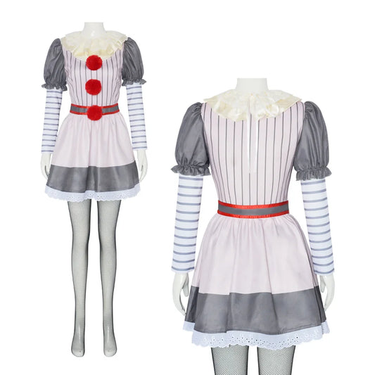 Creepy Killer Clown Halloween Horro Party Cosplay Costume White Dress Scary Roleplay Carnival Women Pennywise Pant Outfit Prop