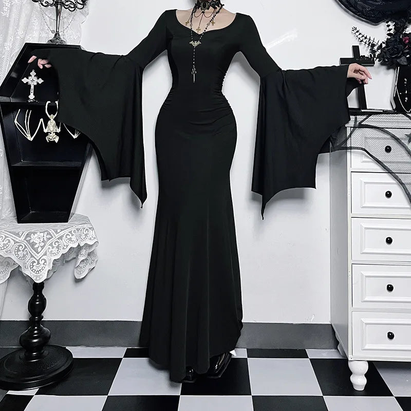 Halloween Gothic Grunge Punk Women Dress Long Sleeve Lace Slim Black Dresses 2025 New Y2K Harajuku Lolita Fairy Core Party Dress