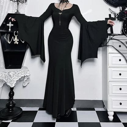 Halloween Gothic Grunge Punk Women Dress Long Sleeve Lace Slim Black Dresses 2025 New Y2K Harajuku Lolita Fairy Core Party Dress