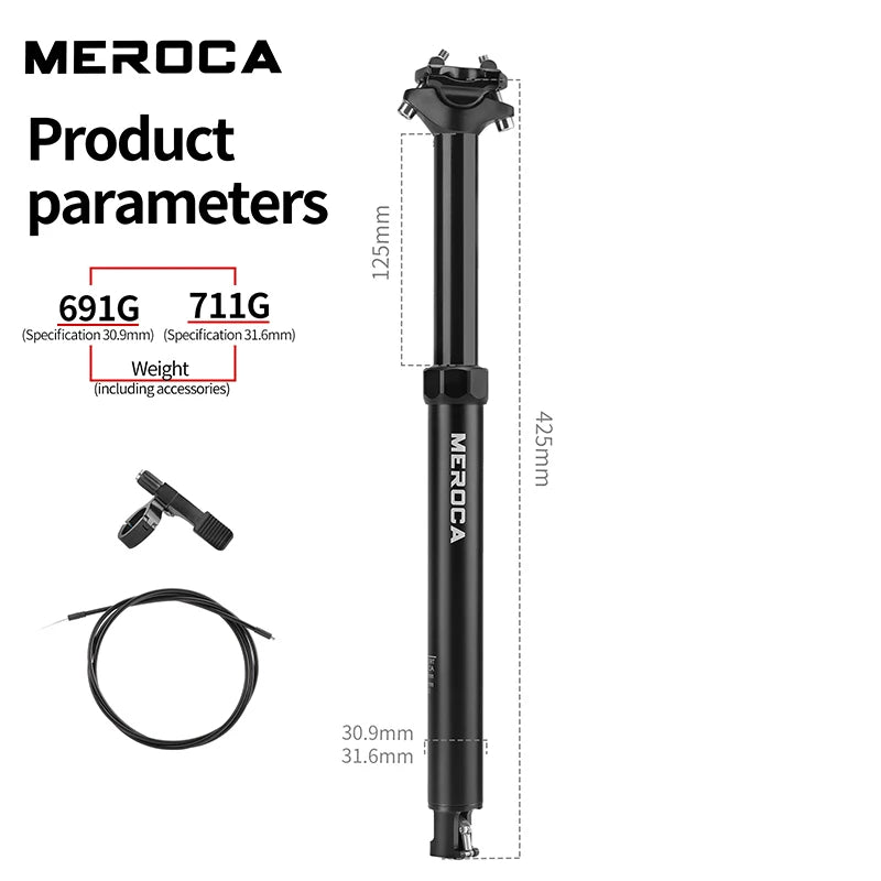 MEROCA Bike Dropper Seat Post 30.9/31.6x425mm Internal Routing Cable Remote Wire Control Lift Seat Tube Mtb Seatpost