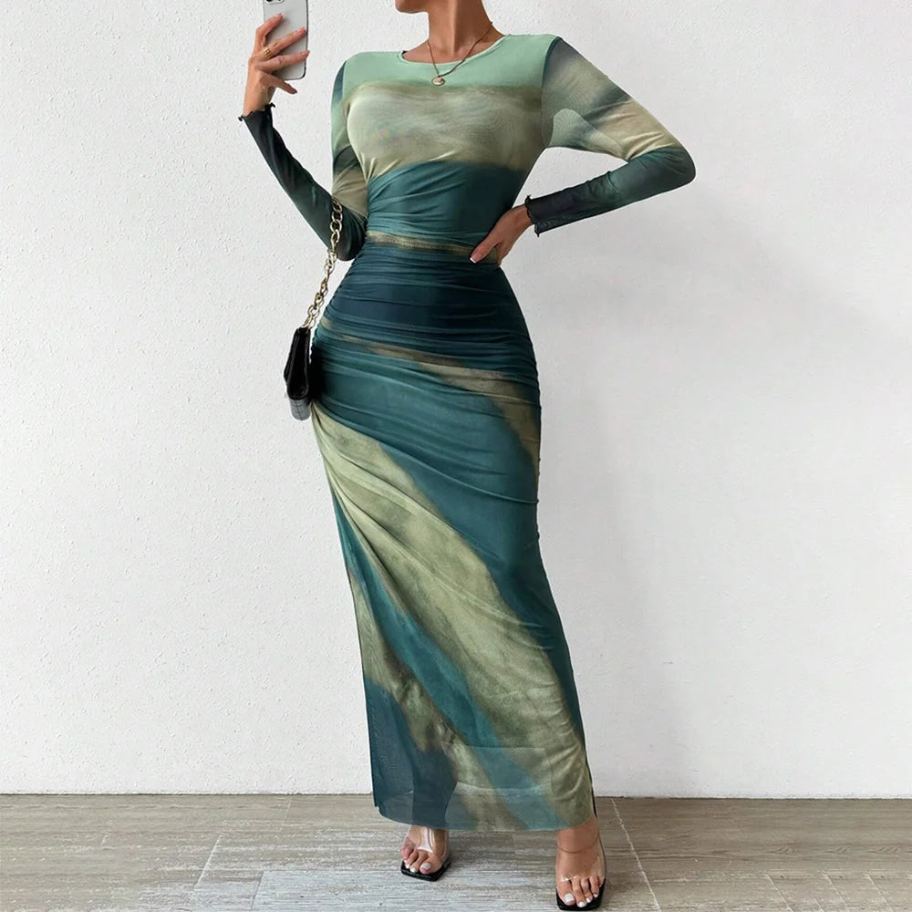 Women's New High Waist Dress Fashion Printed Waist Pleated Design Round Neck Long Sleeves Autumn Dating  Fashion Party Dress