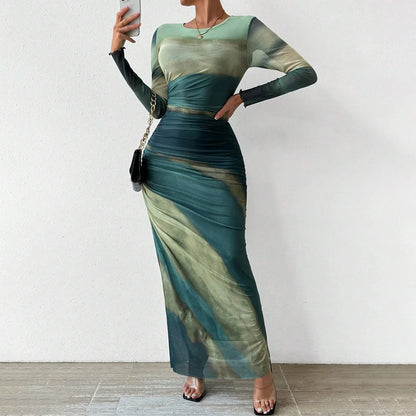 Women's New High Waist Dress Fashion Printed Waist Pleated Design Round Neck Long Sleeves Autumn Dating  Fashion Party Dress