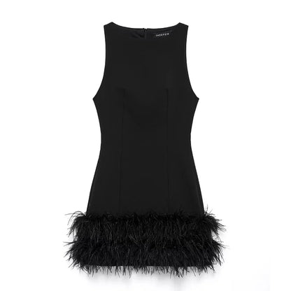 MUJER Feather Mini Dress Women Black Sleeveless Corset Dress Woman off Shoulder Party Dresses for Women Luxury Short Dress