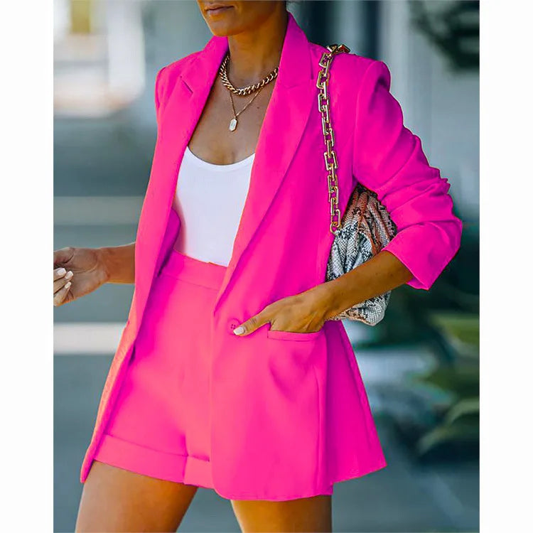 2025 Elegant Two Piece Blazer Suit Sets Women OL Office Sets Slim Cardigan Blazer Shorts Solid 2 Piece Set Casual Blazers Set